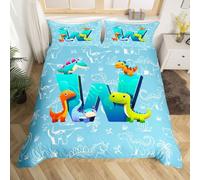 Homewish Cute Dinosaurs Bedding Set Single Jungle Dinosaur Duvet Cover Cartoon Initial Letter W Comforter Cover For Kids Boys Girls,Dino Wild Animals Bed Set