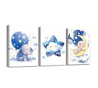 Homewish Cute Elephant Canvas Pictures Nursery Wall Decor, Blue Sleepy Elephants Framed Wall Art, Cartoon Animal Baby Boy Artwork Watercolor Dreamy Posters Prints For Kids Room 40x30cmx3Pcs