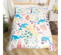 Homewish Cute Floral Dolphin Single Duvet Cover,Sea Ocean Animal Dolphin Bedding Set for Kids Girls Boys,Colorful Flower Leaf Plant Bed Set Coastal Duvet Cover 2Pcs (No Comforter)