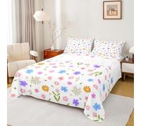 Homewish Cute Flower Bed Sheets Kids Colorful Floral Petal Sheet Set Double Cartoon Kawaii Wildflowers Sheets Watercolor Plants Leaf Fitted Flat Sheets 4 Piece Rustic Garden Decor