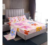Homewish Cute Flower Bedding Set Single Kawaii Cartoon Floral Bed Sheets For Kids Girls Teen Room Decor,Pink Girly Sheet Set Watercolor Flowers Geometric Plaid Grids Bed Sheet Set 3 Piece