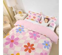 Homewish Cute Flower Bedding Set Super King Kawaii Cartoon Floral Quilt Cover For Kids Girls Teen Room Decor,Pink Girly Duvet Cover Watercolor Flowers Geometric Plaid Grids Bed Set