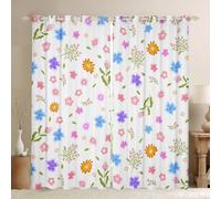 Homewish Cute Flower Blackout Curtains Kids Colorful Floral Petal Curtains for Living Room Bedroom Cartoon Kawaii Wildflowers Window Treatments Watercolor Plants Leaf Drapes 2 Panels,52 x 63 Inch