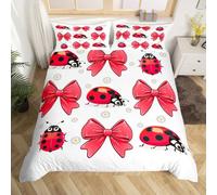 Homewish Cute Ladybug Duvet Cover Double,Red Bowknot Comforter Cover for Kids Girls Boys,Ladybird Reptile Animal Bedding Set,Groovy Floral Daisy Bed Set Spring Summer Room Decor