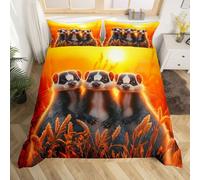 Homewish Cute Meerkats Duvet Cover Set with 2 Pillowcases - Wildlife Meerkat Print Bedding Double for Kids Boys Girls - Minimalist Animal Portrait Quilt Cover Microfibre Bed Set, Black Reversible