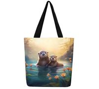 Homewish Cute Otter Canvas Tote Bag for Women Aesthetic Cartoon Sea Animal Reusable Multipurpose Bag Shopping Grocery Shoulder Bag