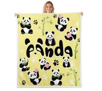 Homewish Cute Panda Throw Blanket Throw Size, Kids Cartoon Panda Fleece Blanket for Boys Girls, Kawaii Black White Animals Fuzzy Blanket, Animal Theme Panda Plush Blanket, Yellow