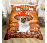 Homewish Cute Pug Comforter Cover Hippie Mushroom Bed Set, Red Wild Fungus Duvet Cover Double Funny Dog Bedding Set, Autumn Fallen Leaves Bedspread Cover Red White Orange Brown 3 Pieces