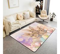 Homewish Cute Rabbit Area Rug 100x150cm for Bedroom - Happy Easter Rugs Living Room Bunny Watercolor Egg Flowers Non Shedding Carpet For Kids Girls,Cartoon Animals Floral Large Rugs
