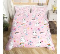 Homewish Cute Rabbit Duvet Cover Double Kawaii Bunny Animal Comforter Cover for kids Boys Girls Pink Cartoon Flowers Bedding Set Farmhouse Garden Plants Floral Quilt Cover