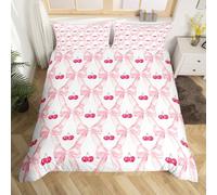 Homewish Cute Ribbon Bow Girls Bedding Set,Pink Kawaii Cherry Comforter Cover For Kids Teen Women Bedroom Decor Single,Watercolor Bow Duvet Cover Abstract Bowknot Grids Quilt Cover Zipper 2 Pcs