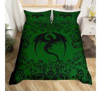 Homewish Damask Dragon Duvet Cover Single Boho Black Dark Green Gothic Animal Bedding Set Bohemian Exotic Floral Dragon Comforter Cover For Kids Adults Retro Victorian Flower Goth Bed Set