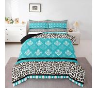 Homewish Damask Leopard Print Double Comforter - Boho Teal Cheetah Print Bedding Set Bohemian Vintage Florals Polka Dots Duvet Set - Wild Safari Animal Skin Pattern Coverless Duvet
