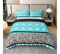 Homewish Damask Leopard Print Duvet Cover Single Boho Teal Cheetah Print Coton Bedding Set Bohemian Vintage Florals Polka Dots Quilt Cover Wild Safari Animal Skin Pattern Bed Sets
