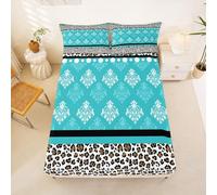 Homewish Damask Leopard Print Fitted Sheet Double Boho Teal Cheetah Print Bed Sheets Bohemian Vintage Florals Polka Dots Bedding Set for Kids Boys Girls,Wild Safari Animal Skin Pattern Bed Cover 3 Pcs