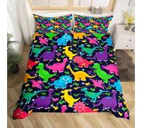 Homewish Dinosaur Bedding Set, Kids Cute Ancient Animal Duvet Cover Set Super King Size, Bed Sets for Boys Girls Children Bedroom, Dino Cartoon Style Bedspread Cover, Purple Blue
