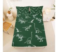 Homewish Dinosaur Bedding Set Single Jurassic Fitted Sheet Triceratops Simple Line Drawing Bed Sheets for Kids Teens Girls,Pterosaur Hand Drawn Dark Green Bed Cover 2 Pcs