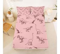 Homewish Dinosaur Fitted Sheet Single Jurassic Bed Sheets Simple Line Drawing Triceratops Bedding Set for Kids Boys Girls,Pterosaur Hand Drawn Pink Bed Cover 2 Pcs