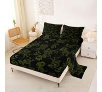 Homewish Dinosaur Sheet Set Double Cute Dinosaur Theme Bed Sheets Dark Green and Black Dino Bedding - Jungle Wild Animal Print Bed Sheets Set 4 Piece