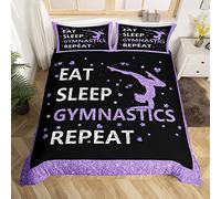 Homewish Double Bedding Sets for Girls,Eat Sleep Gymnastics Comforter Cover Purple Black Gymnastics Bed Set for Gymnast Glitter Sequins Love Hearts Stars Decor,1 Duvet Cover with 2 Pillow Cases