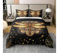 Homewish Dragonfly 100% Cotton Duvet Cover Double Size Victorian Bedding Set For Men Women Boho Constellation Paisley Starry Black Gold Quilt Cover Soft Comfy Bedclothes