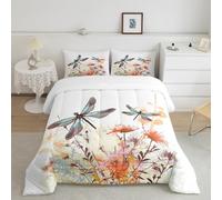 Homewish Dragonfly Bedding Set Full Size,Boho Flowers Leaves Comforter Set 3Pcs,Nature Animals Botanical Quilt Set for Kids Girls Boys Women Room Decor,Watercolor Vintage Duvet Insert,2 Pillowcases
