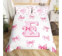 Homewish Dreamy Princess Bowknot Girls Single Bedding Set Kids Pink Initial Letter E Duvet Cover Cute Kawaii Letter Bow Comforter Cover Romantic Chic Bowknot Quilt Cover Room Decor