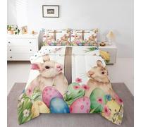 Homewish Easter Cute Rabbit Single Duvet Set - Bunny Colorful Eggs Bedding Set Happy Easter Spring Flowers Quilt Set - For Kids Boys Girls,Kawaii Animals Cross Coverless Duvet