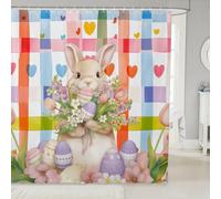 Homewish Easter Eggs Shower Curtain 72" W x 84" L - Cute Bunny Happy Easter Waterproof Bathroom Curtains Kawaii Rabbit Animals Floral Curtain,Colorful Patchwork Love Heart Bathroom Accessories