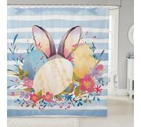 Homewish Easter Rabbit Ears Shower Curtain 72" W x 72" L - Happy Easter Colorful Eggs Waterproof Bathroom Curtains Garden Pastoral Flowers Curtain,Country Floral Blue Stripes Bathroom Accessories