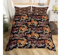 Homewish Eastern Dragon Comforter Cover Chic Floral Bed Set, Vintage Flower Duvet Cover Magic Animal Bedding Set Super King, Botanical Plants Bedspread Cover Oriental Style Decor 3pcs