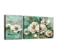 Homewish Elegant Flowers Canvas Wall Art for Living Room,White Floral Framed Wall Art Rustic Butterfly Poster Prints,Green Ombre Graffiti Art Gold Foil Oil Painting 3Piece Pictures Flower Wall Decor
