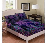 Homewish Elephant Fitted Sheet & Pillow Sham Set Boho Hippie 3 Piece Bedding Decor Set Mandala Bohemian Striped Indian Exotic Tribe Gypsy Fitted Bed Sheets for Room King Size,Trippy Purple