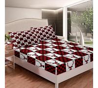 Homewish Elk Deer Fitted Sheet Red and Black Grid Bed Sheets Single,Xmas Reindeer Antler Bedding Set Buffalo Checkered Plaid Lattice Sheets,Geometry Square Christmas Decorations