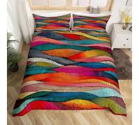 Homewish Embroidered Wavy Super King Duvet Cover Colorful Boho Bedding Set Ethnic Tribal Geometric Quilt Cover Abstract Rainbow Bed Sets