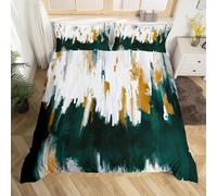 Homewish Emerald Green Bedding Set Double Watercolor Graffiti Comforter Cover, Striped Oil Painting Bed Set Aesthetic Modern Duvet Cover, Ombre Brush Marks Contemporary Quilt Cover