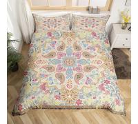 Homewish Ethnic Floral Duvet Cover Double Boho Vintage Bedding Set Pink Blue Yellow Retro Bohemian Exotic Comforter Cover Classical Abstract Geometric Flowers Bedroom Decor Quilt Cover