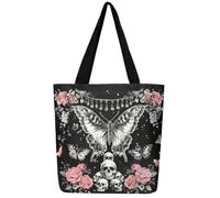 Homewish Exotic Butterfly Canvas Tote Bag for Women,Goth Skeleton Pink Boho Floral Travel Bag Gothic Skeleton Reusable Cloth Cotton Bags Rustic Aesthetic Animal Room Decor
