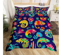 Homewish Exotic Chameleon Bedding Set Colorful Lizard Comforter Cover For Kids Child,Wildlife Reptile Creature Duvet Cover Rainbow Flowers Single Bed Set Wild Animal Pet Kawaii Room Decor