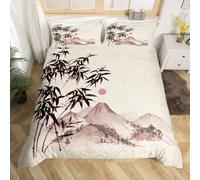 Homewish Exotic Oriental Comforter Cover Japanese-Style Bed Set, Mount Fuji Duvet Cover Ink Painting Bedding Set Super King, Botanical Plants Bamboo Bedspread Cover Vintage Room Decor 3pcs
