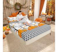 Homewish Fall Pumpkin Harvest Fitted Sheet Queen Size,Kids Adults Bedroom/Country Cottage Decor,Black White Plaid Bedding Set,Maple Autumn Leaves Bed Cover,Rustic Bright Bed Sheet,3pcs,2 Pillowcases