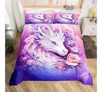 Homewish Fantasy Dragon Single Bedding Set,Pink Rose Floral Dragon Duvet Cover for Kids Boys Girls,Purple Galaxy Flower Bed Set Cartoon Western Dragon Duvet Cover 2Pcs (No Comforter)