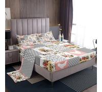 Homewish Farmhouse Barn Bed Sheet Set Queen Size,Chicken Highland Cow Flowers Grid Bedding Set for Children Adult,Rustic Pink Patchwork Geometry Sheet Sets with Flat, Fitted Sheet, 2 Pillowcases