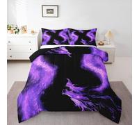 Homewish Fire Duvet Set Double - Dragon Bedding Set 3D Magical Wildlife Stars Fire Quilt Set - Purple Dragon Scales Coverless Duvet