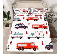 Homewish Fire Truck Police Car Bed Sheets Single for Kids Teens Adults,Cartoon Ambulance Fitted Sheet,Firefighting Supplies Bedding Set for Kids Teens Girls,Fireman Car Vehicles Bed Cover 2 Pcs