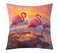 Homewish Flamingo Sunset Throw Pillow Cover 22x22 Inch, 3D Landscape Romantic Pillow Cover, Tropical Animals Seaside Scenery Cushion Case, Wave Reef Decorative Pillow Cover For Adults Teens