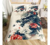 Homewish Floral Dragon Double Bedding Set,Asian Oriental Chinese Dragon Duvet Cover for Kids Adults,Vintage Fantasy Dragon Bed Set Retro Flowers Duvet Cover 3Pcs (No Comforter)