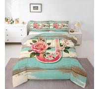 Homewish floral flowers Single Duvet Set - Personalized Initial U Bedding Set spring fresh style Quilt Set - rustic wooden decor Coverless Duvet with 1 Pillowcase