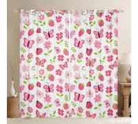 Homewish Floral Garden Pink Women Window Curtains 66 x 90 Inch 2 Panel Sets - Ladybug Butterfly Blackout Curtains Botanical Flower Window Treatments Drapes Strawberry for Bedroom