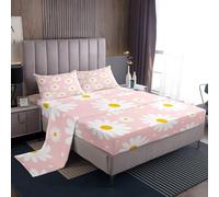 Homewish Flower Bed Sheets Pink Daisy Floral Girls Double Bedding Set Cute Cartoon Flowers Sheet Set For Kids Teen Women Bedroom All Season,Kawaii 1 Fitted Sheet 1 Flat Sheet 2 Pillow Cases